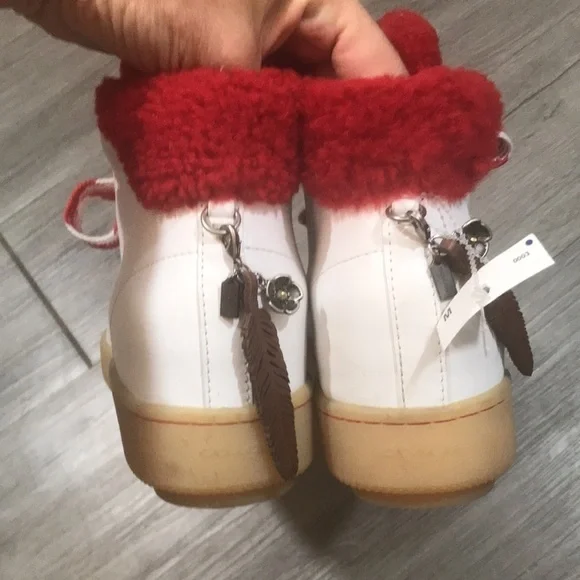 Coach G1493 White Leather High Top Red Shearling Sneaker Size 8 - Picture 7 of 13